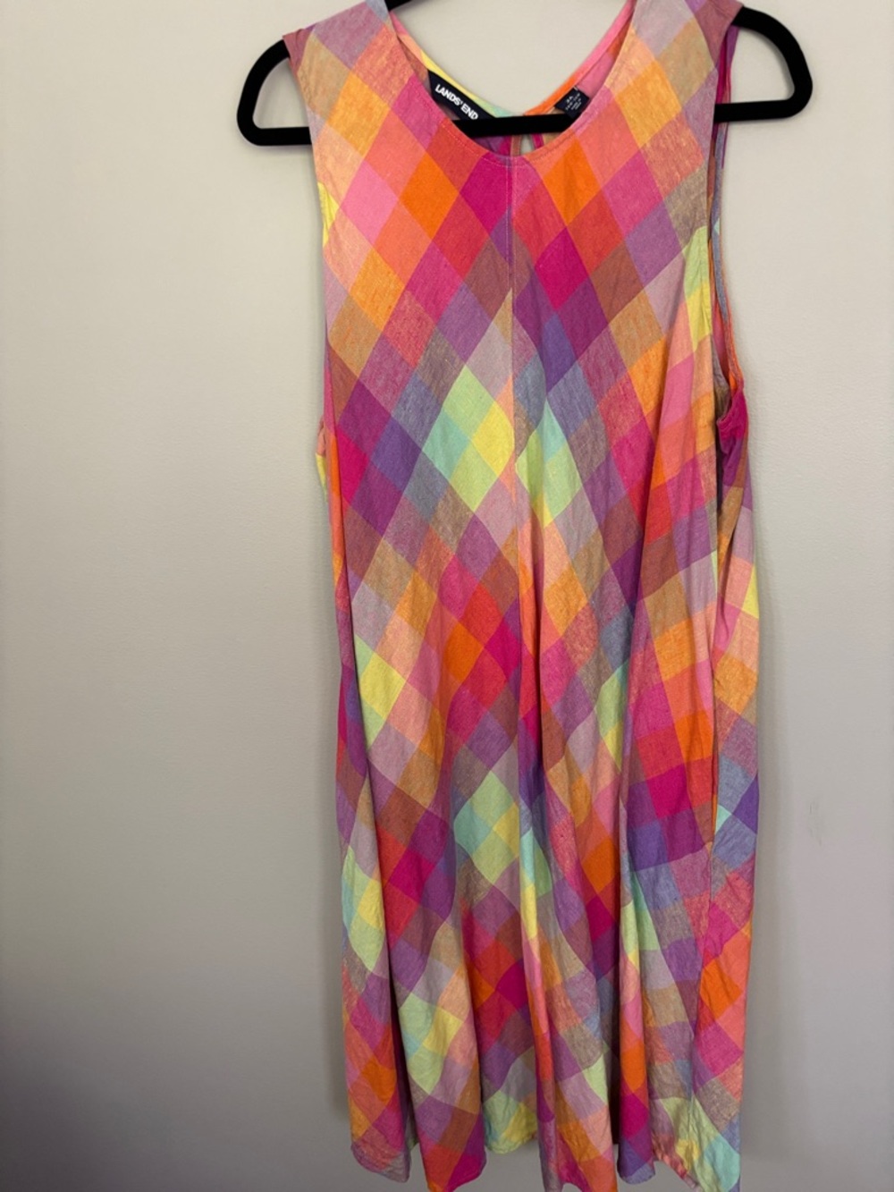 Lands' End Vibrant Plaid Sleeveless Sundress Linen with pockets
